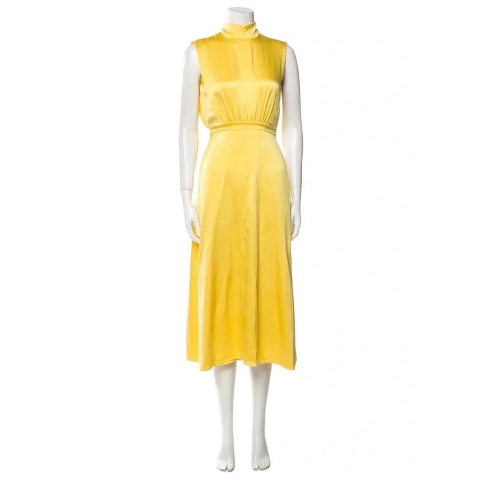 Saloni yellow low back tie neck midi silk dress 0 XS